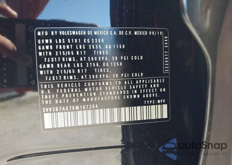 2019 Volkswagen Tiguan 2.0T Se/2.0T Sel/2.0T Sel R-Line/2.0T Sel R-Line Black из США, поврежденный, VIN 3VV3B7AX7KM161264